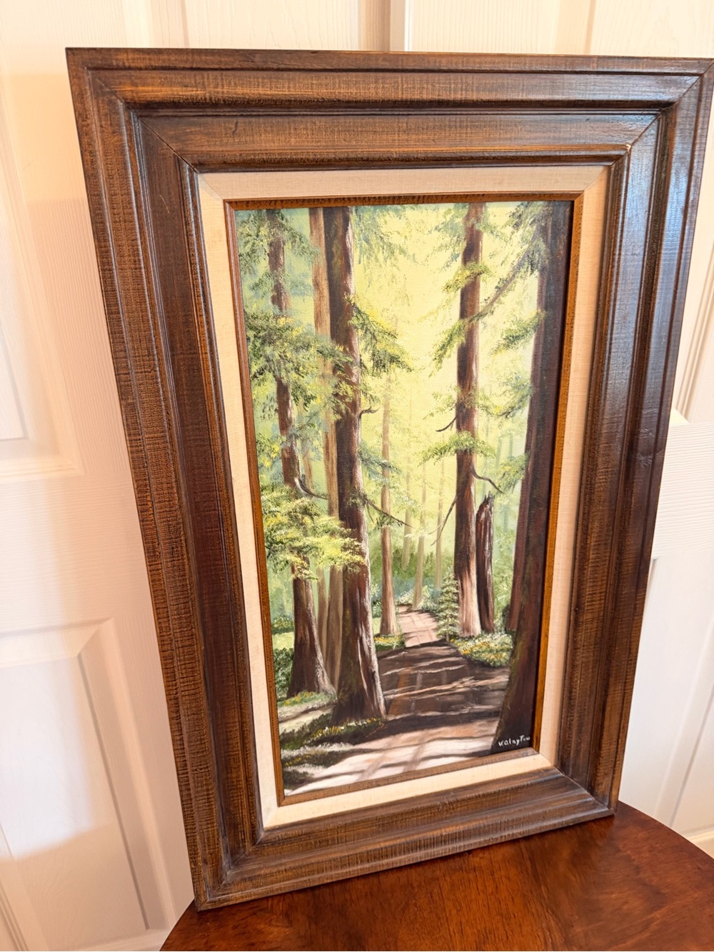 Framed Redwood Vintage Forest Path Oil Painting in Brown Frame - Picture 4 of 5